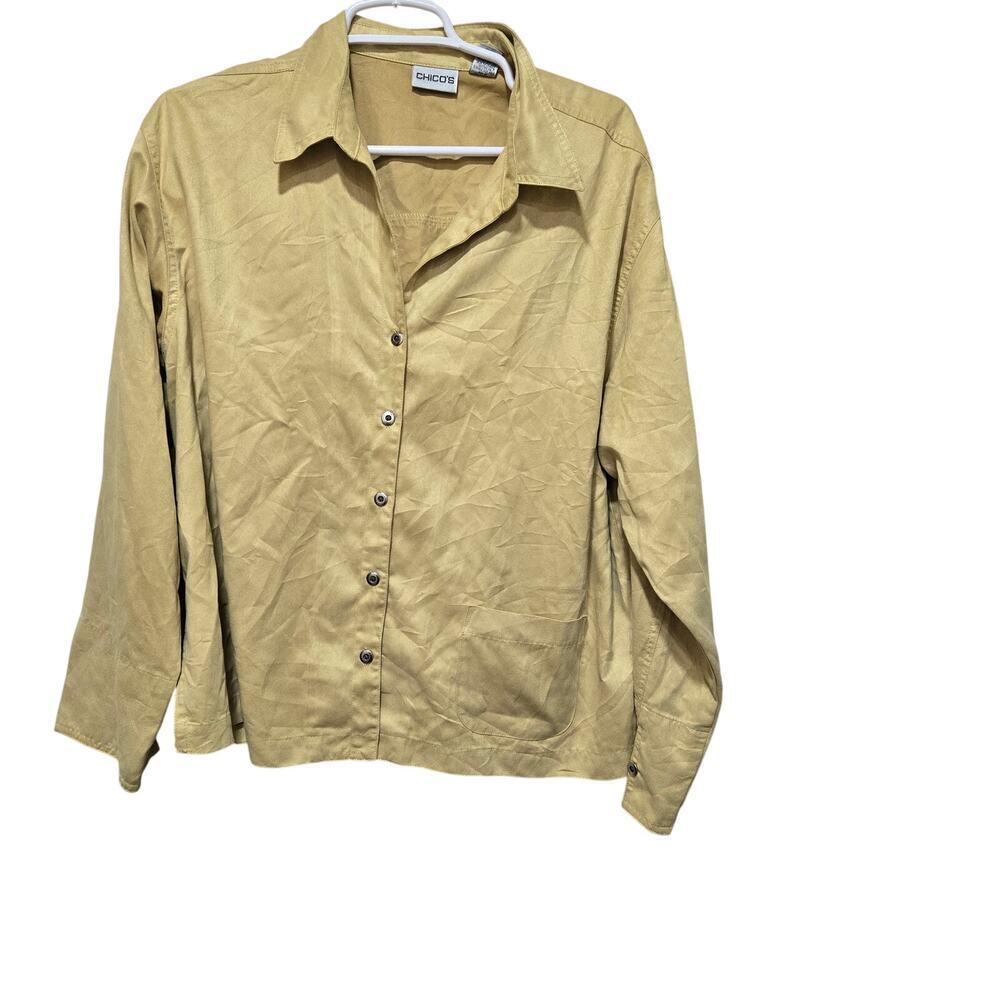 Chico’s Faux Suede Button Up Blouse Yellow Long Sleeve Top Size XL 3